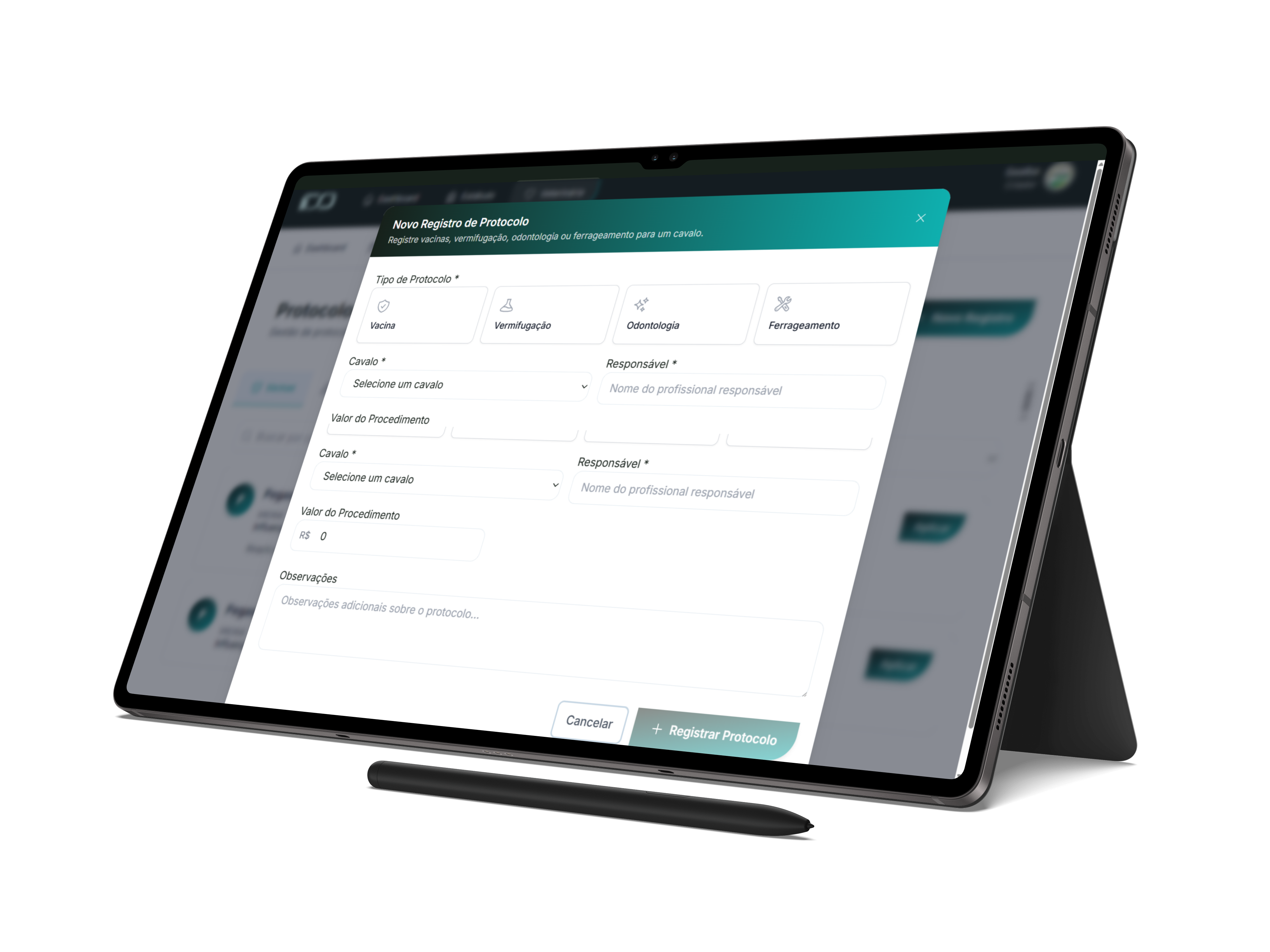 Registro veterinário da Domus no tablet